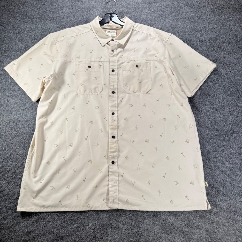 Lake & Trail Mens‎ XL Shirt Camping Print Stretch Hiking Fishing Button Up Beige
